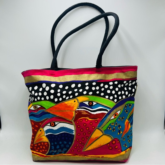 Laurel Burch Handbags - Laurel Burch Sky Spirit Tropical Bird Print Tote Bag Canvas Vibrant Zip Artsy